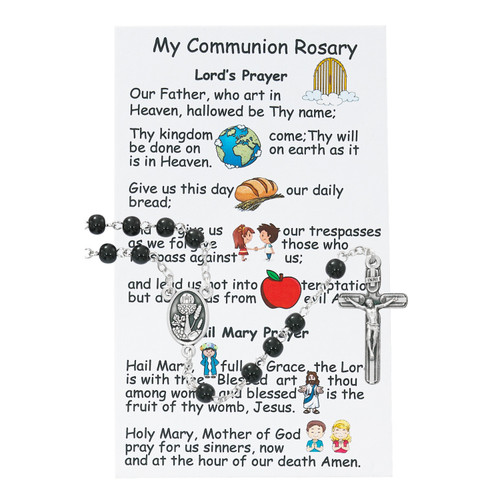 Black Glass Boy's First Communion Rosary & Prayer Card