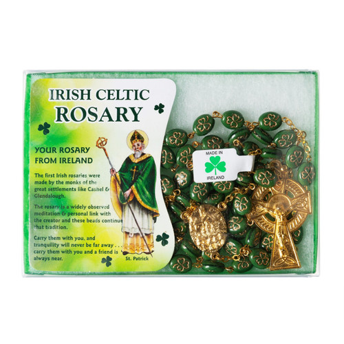 Gold Shamrock Rosary with Knock Water
