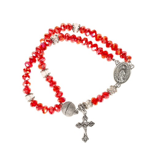 Red Crystal Wrap Rosary Bracelet with Divine Mercy & Guadalupe Medals