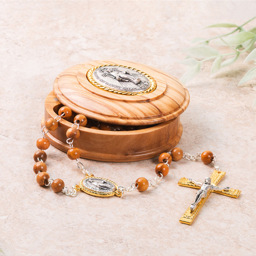 Olive Wood Miraculous Medal Rosary in Hand Carved Box