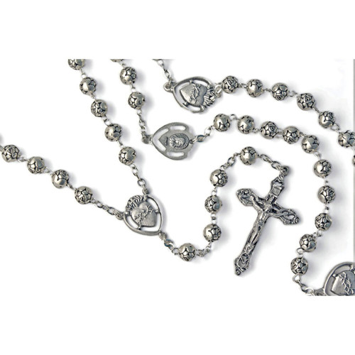 Silver Sacred Heart Rosebud Bead Rosary