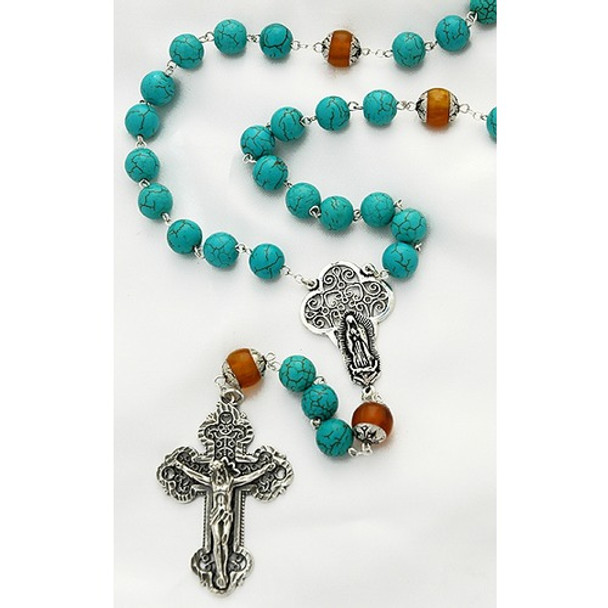 Sterling Silver Genuine Amber & Turquoise Rosary | Rosary.com™