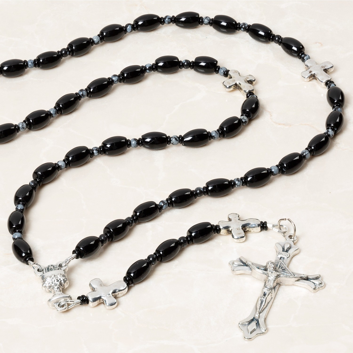 Rosary Prayer Beads INRI Black Crystal Beaded Crucifix Necklace