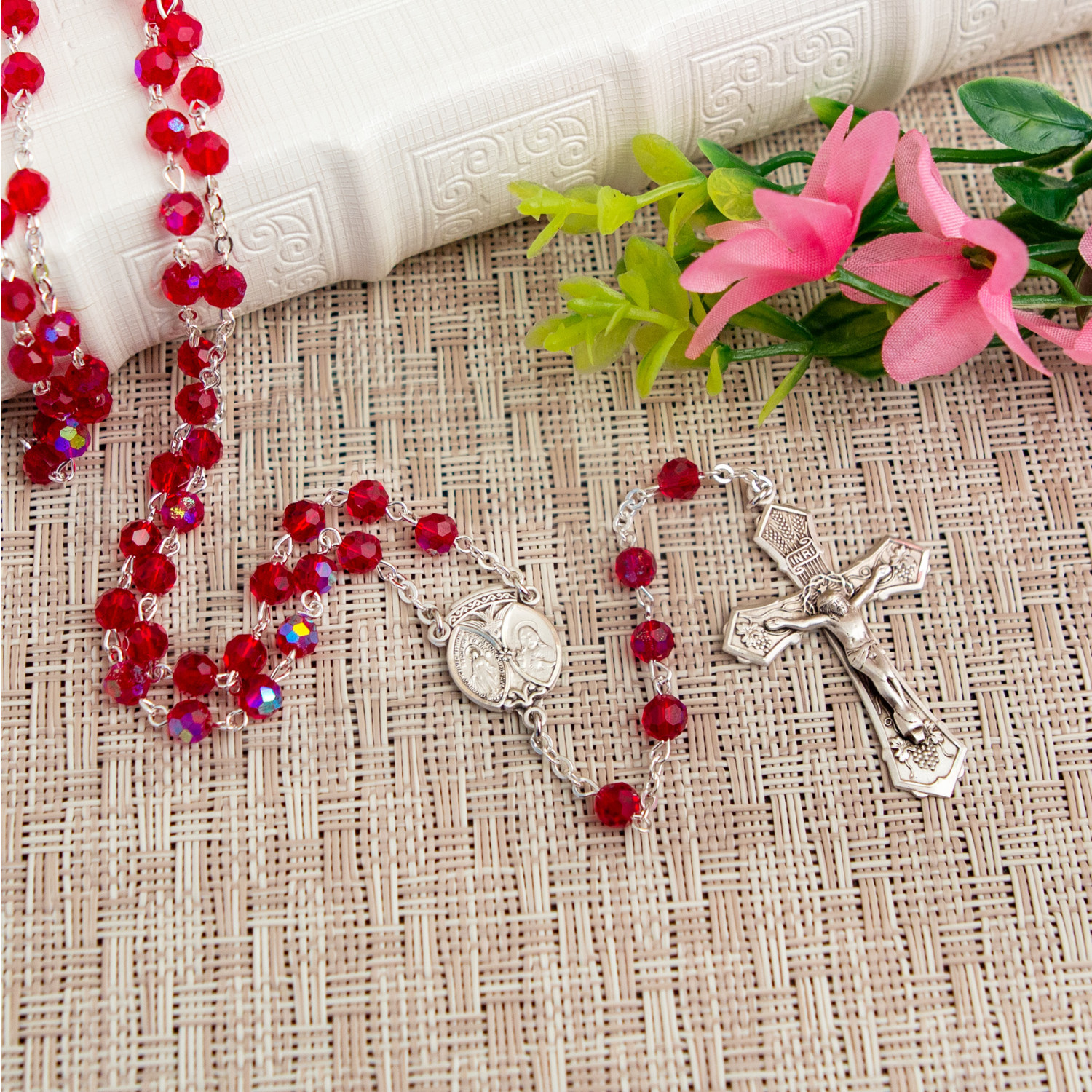 Elysian Gift Shop Catholic Rose Petal Red Rosary Necklace with Rose Bud  Silver Metal Rosary Box- Includes Rose Scented 6mm Red wood Rosary Beads  and