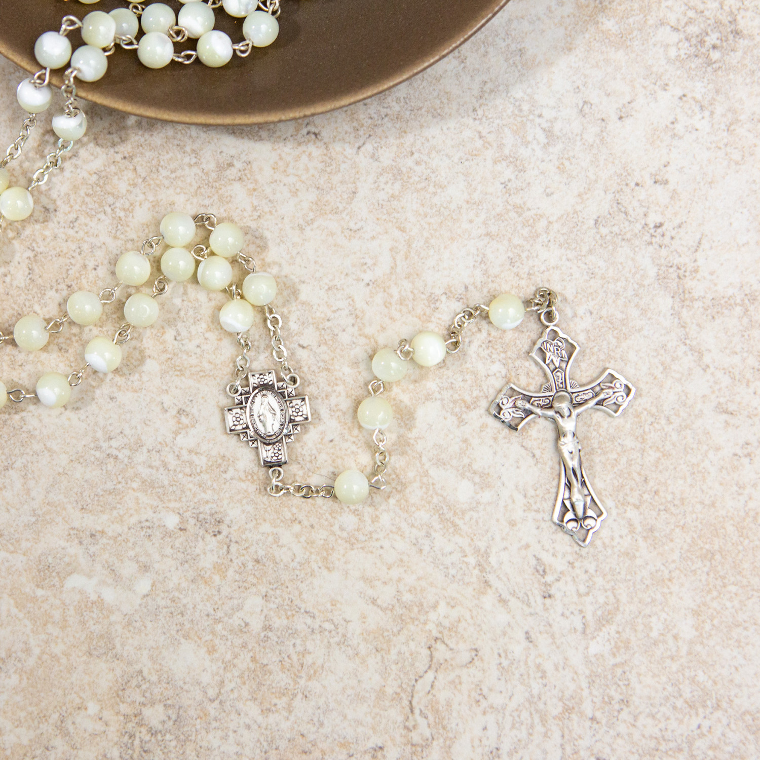 1928 Silver Tone Crucifix Simulated Pearl Rosary