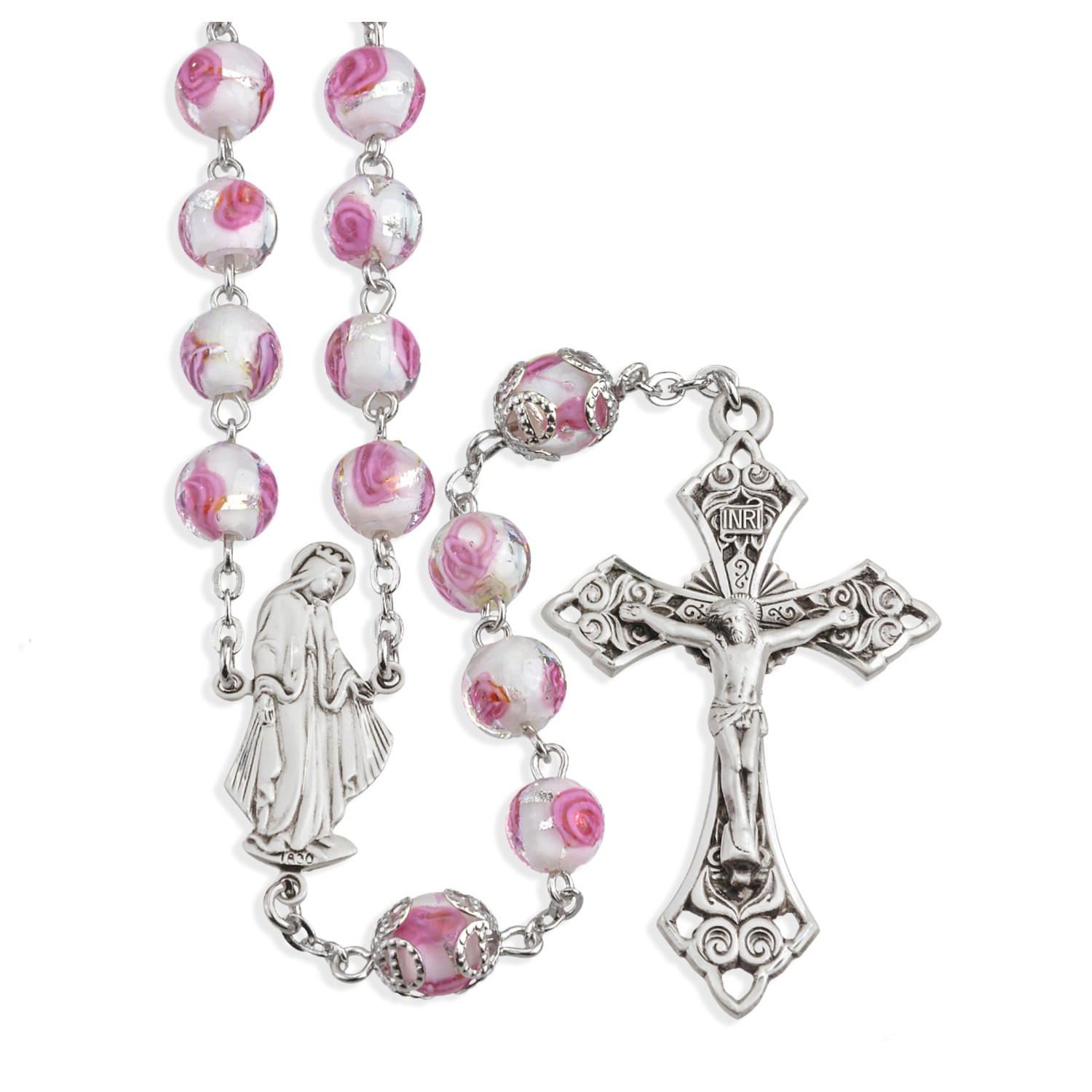 Silver - Crucifix & Our Lady Of Grace Centerpiece Set Rosary
