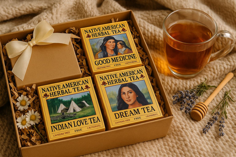 Wellness and Sleep Tea Gift Box with caffeine-free Native American herbal teas on a cozy blanket