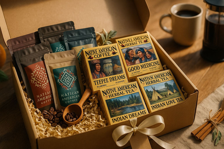 Morning Energy Gift Box with Native American Coffee sampler and tea boxes in a gift-ready box