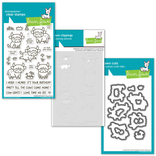 Lawn Fawn Stamps, Dies & Coloring Stencil Set - Highland Cows!