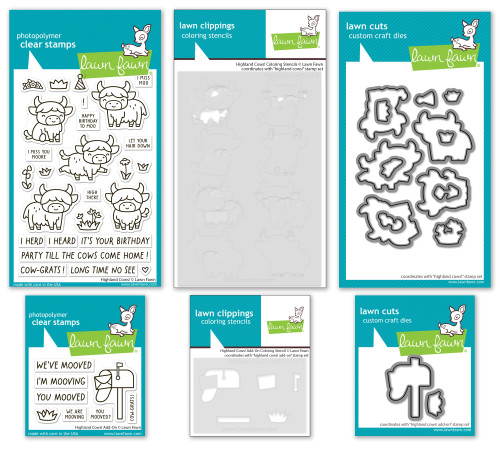 Lawn Fawn Stamp, Die & Coloring Stencil - Highland Cows! with Add-ons Set