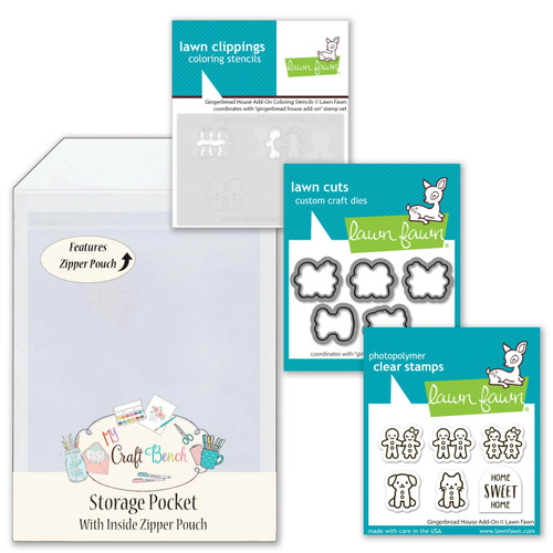 Lawn Fawn Gingerbread House Add-ons Craft Bundle - Stamps, Dies & Coloring Stencil + MCB Secure Storage Pocket