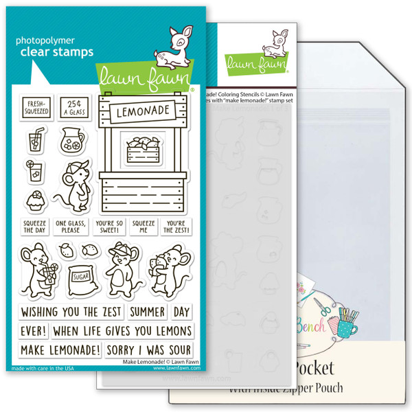 Lawn Fawn Make Lemonade! Craft Bundle - Stamps & Coloring Stencil + MCB Secure Storage Pocket