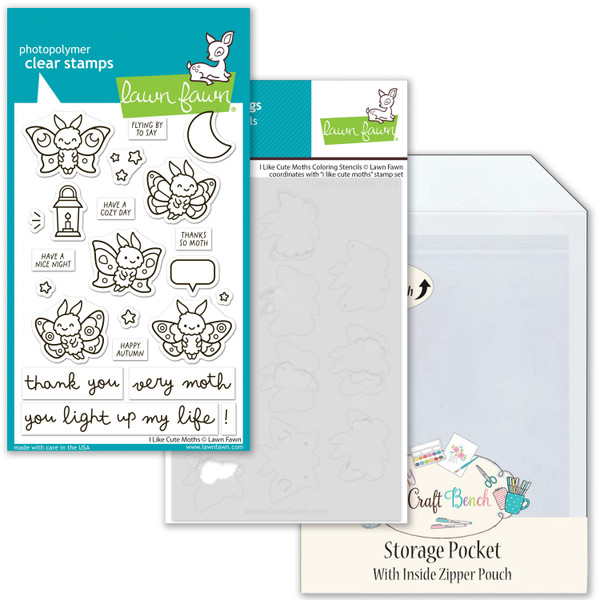 Lawn Fawn I Like Cute Moths Craft Bundle - Stamps & Coloring Stencil + MCB Secure Storage Pocket