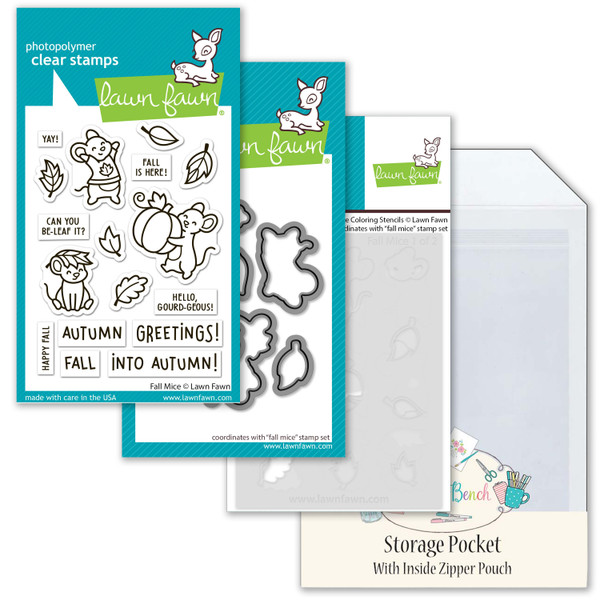 Lawn Fawn Fall Mice Craft Bundle - Stamps, Dies & Coloring Stencil + MCB Secure Storage Pocket