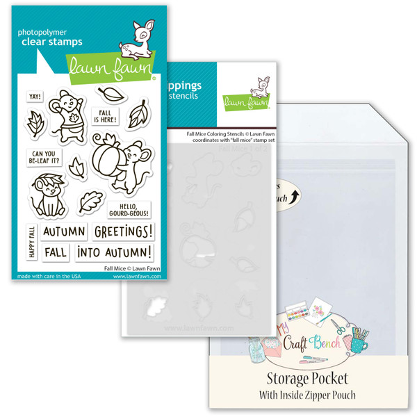 Lawn Fawn Fall Mice Craft Bundle - Stamps & Coloring Stencil + MCB Secure Storage Pocket