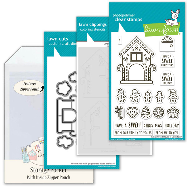 Lawn Fawn Gingerbread House Craft Bundle - Stamps, Dies & Coloring Stencil + MCB Secure Storage Pocket