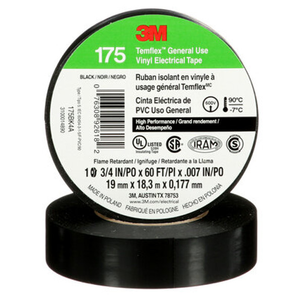 3M Temflex General Use Vinyl Electrical Tape 175, Black, 3/4 in x 60 ft (19 mm x 18 m), 7 mil (0.177 mm), 100 Rolls/Case