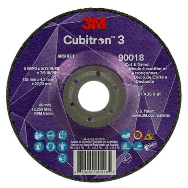 3M Cubitron 3 Cut and Grind Wheel, 90018, 36+, T27, 5 in x 5/32 in x7/8 in (125 x 4.2 x 22.23 mm), ANSI, 10/Pack, 20 ea/Case