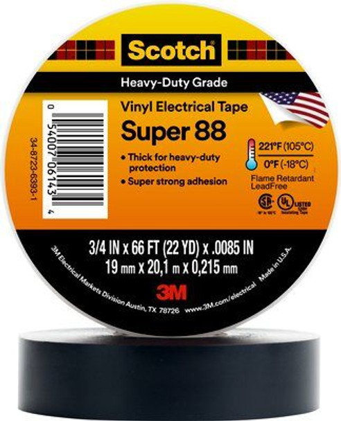 Scotch® Professional Grade Heavy Duty Vinyl Electrical Tape Super 88, black, 3/4" x 66 ft