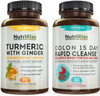 Colon 15 Day Cleanse + Turmeric, Ginger & BioPerine: Digestive Health & Immune Support Bundle for Constipation & Bloating Relief, Metabolism & Energy. Probiotics, MCT Oil, Psyllium, Flaxseed