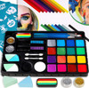 Face Paint Kit Profashional for Kids Non-Grease 18 Color Large Body Painting with 28 Stencils, Rainbow Cake, 2 Hair Chalks 6 Brushes 2 Glitter 4 Sponges Professional Body Paints Set Halloween Make Up Palette Skin Safe Makeup Kit