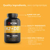 ICON Nutrition Vitamin D3 4000 iu + K2 (2-in-1 Formula) 180 Veggie Capsules 6 Month Supply