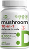 Deal Supplement Organic Mushroom Supplement 8000mg Per Serving 240 Capsules – 10 in 1 Defense Formula – Turkey Tail Lions Mane Cordyceps Chaga & More – Immune Energy & Brain Support – Non-GMO