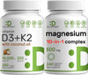 Deal Supplement Vitamin D3 10000iu + K2 200mcg Softgels & Magnesium Complex Veggie Capsules Bundle – Essential Sunshine Vitamins with Coconut Oil – High Absorption Chelated Minerals 10-in-1