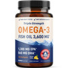 Triple Strength DHA Omega 3 Fish Oil 3600 mg  Over 2100mg Omega-3 Fatty Acids with 860mg of DHA  1300mg EPA  Best Essential Fatty Acids  Premium Wild Caught & Burpless Fish Oil  120 Softgels