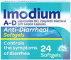 Imodium A-D Anti-Diarrheal Medicine Softgels With 2 Mg Loperamide Hydrochloride Per Capsule Diarrhea Relief To Help Control Symptoms Due To Acute Active & Traveler'S Diarrhea 24 Ct.