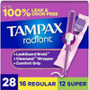 Tampax Radiant Tampons For Women Multipack With Leakguard Braid Regular/Super Absorbency Unscented 84 Count (3 Packs Of 28)