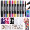Susikeki Temporary Tattoo Markers For Skin 15 Colors Tattoo Pen + 50 Paint Stencils + 43 Tattoos Stickers Glitter & Matte & Neon Glow Body Marker Set Removable Fake Tattoos Kit For Teens And Adult