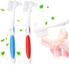 Y-Kelin Denture Brush Hard Bristles Denture Toothbrush With Dual Head & Rubber Handle Non-Slip (Red Blue 2 Pcs)