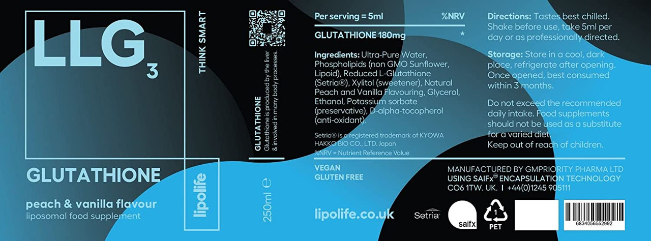 LLG3 liposomal Glutathione 240ml lipolife. Formulated with Setria  Glutathione New Peach Vanilla Flavour