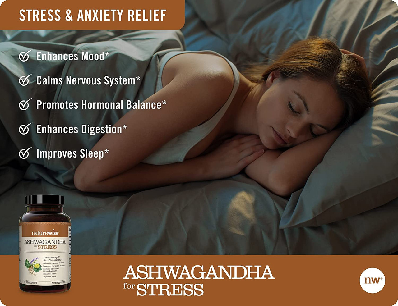 Image showcasing NatureWise Ashwagandha for Stress Adaptation Anxiety Relief Calming ...
