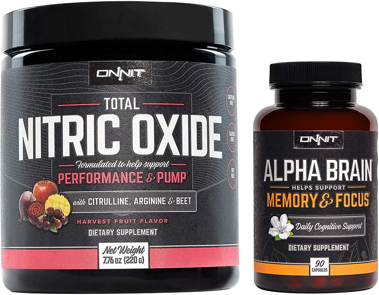 ONNIT Nootropic Preworkout Stack Alpha Brain 90ct Total Nitric Oxide  Harvest Fruit