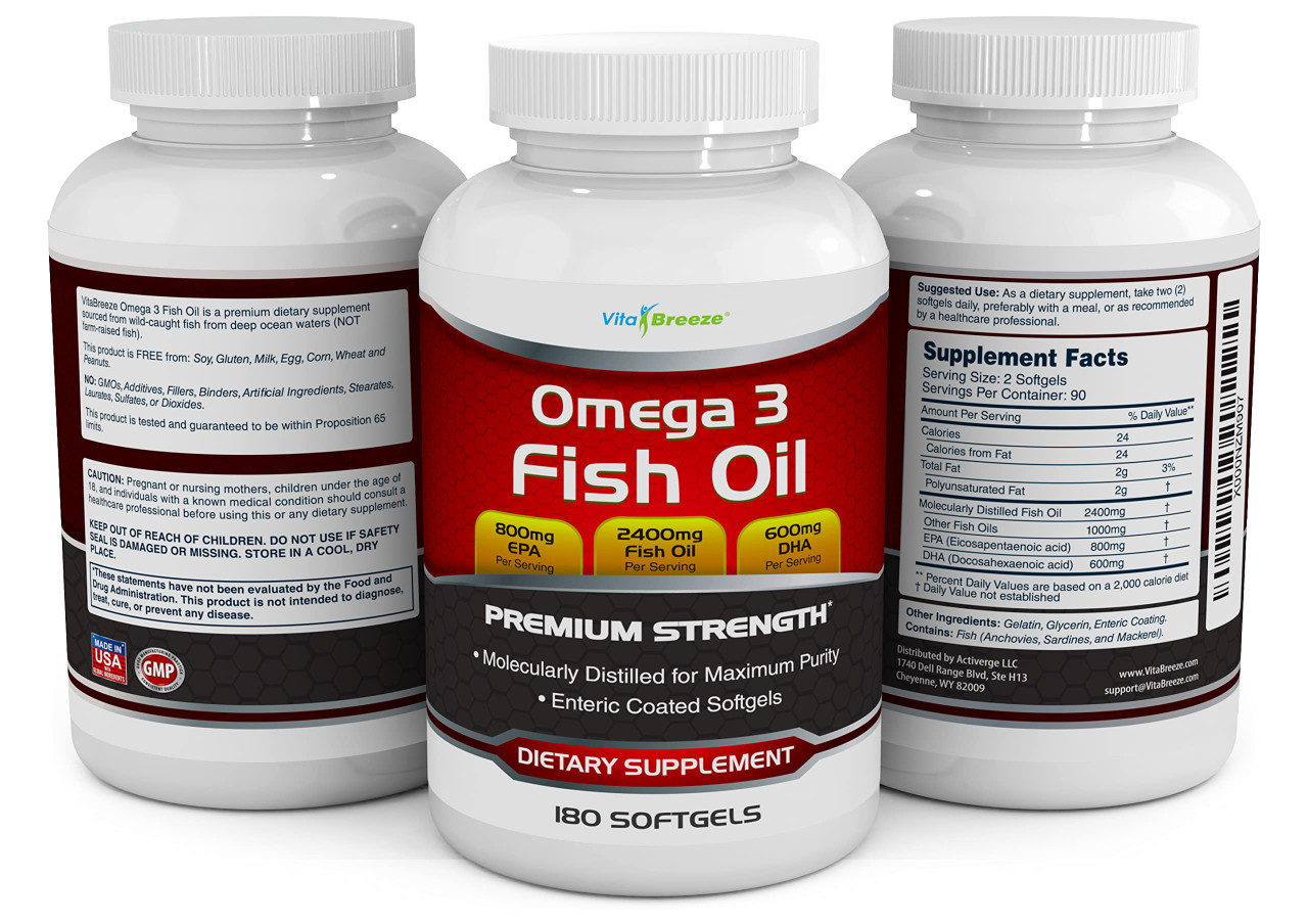 Omega 3 Fish Oil Supplement 180 Softgels 2400mg Triple Strength