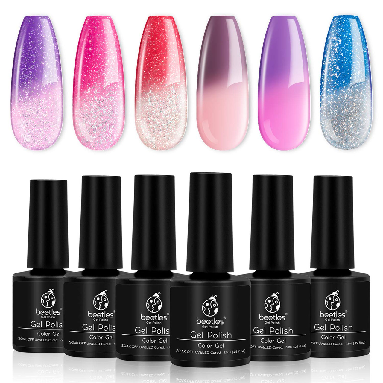 Biutee Glitter Temperature Color Changing Gel Nail Polish Gel Set 6 Colors  0.33 Oz Glitter Gel Polish Soak Off UV LED Nail Polish Set