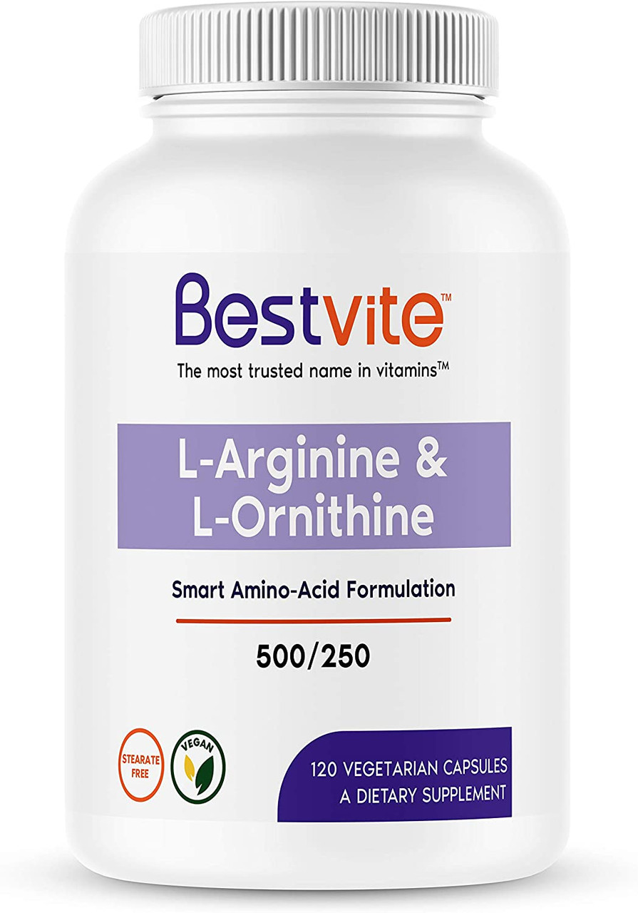 L-Arginine L-Ornithine 500-250 (120 Vegetarian Capsules) - No Stearates -  No Fillers - Vegan - Non GMO -