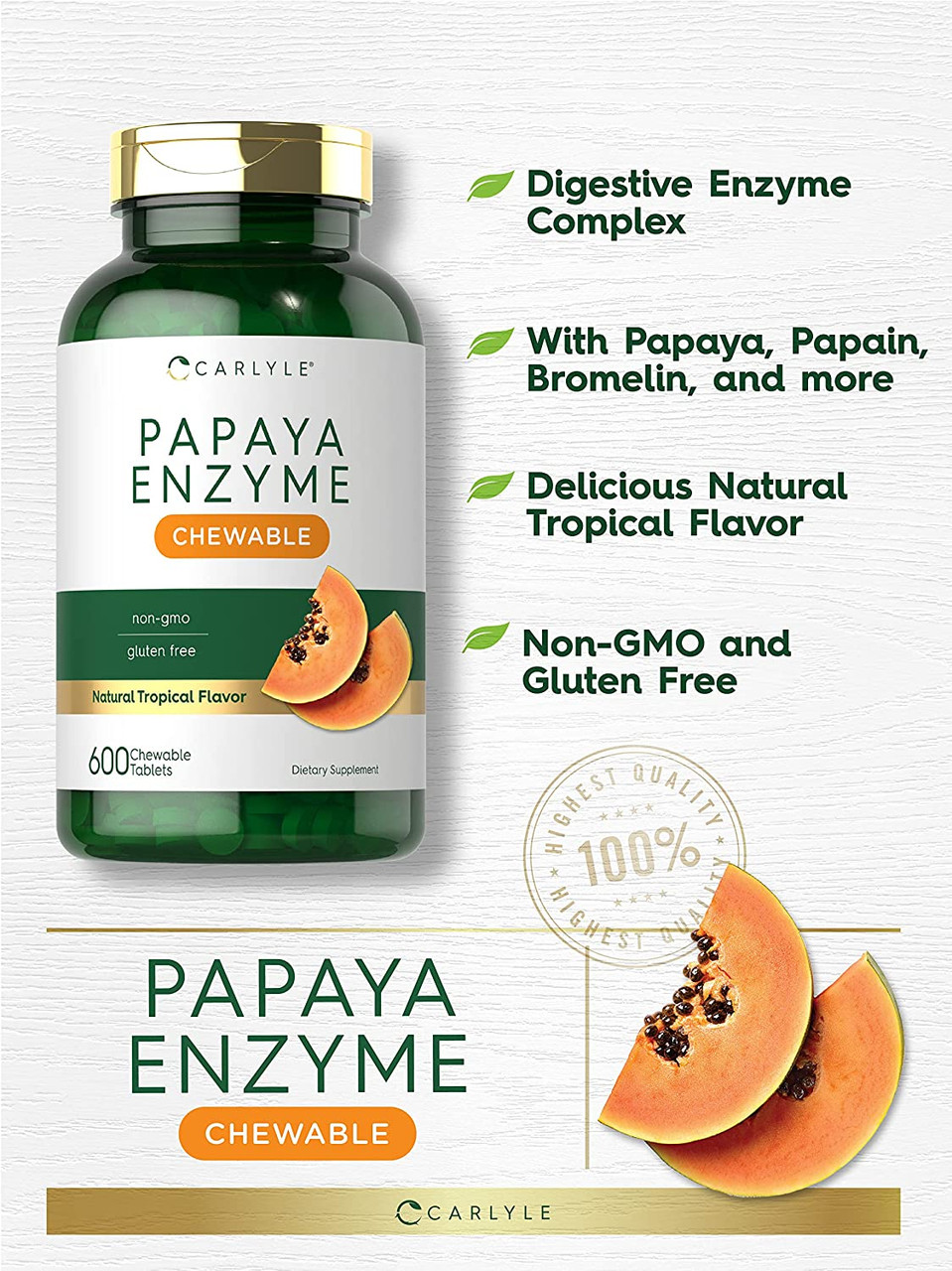Carlyle Papaya Enzyme Chewable Tablets | 600 Count | Ve | Buy at Kiwla | Free Shipping India