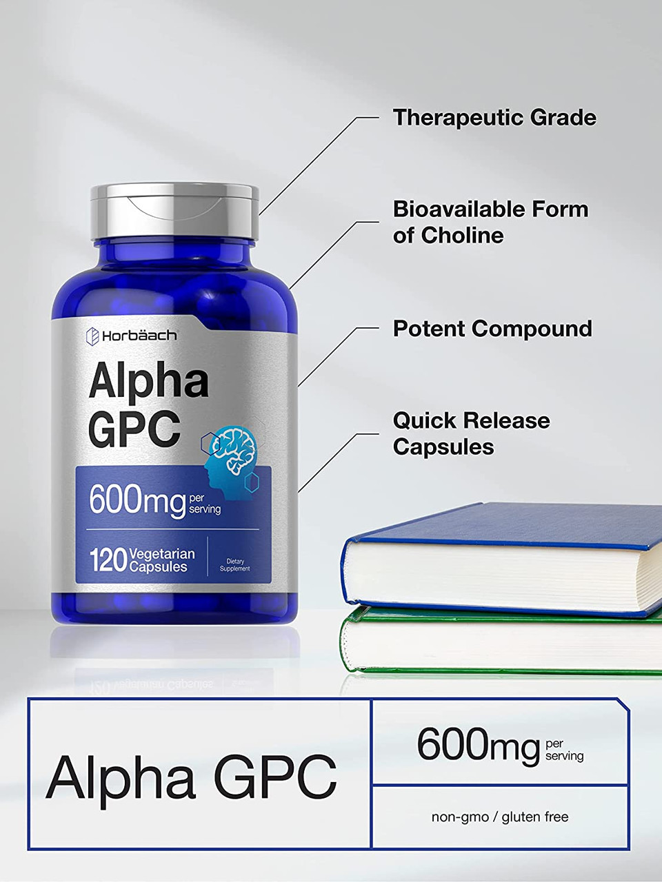 Alpha GPC 600mg | 120 Capsules | Vegetarian, Non-GMO & Gluten Free Choline Supplement | Supports Healthy Memory, Focus and Clarity | by Horbaach