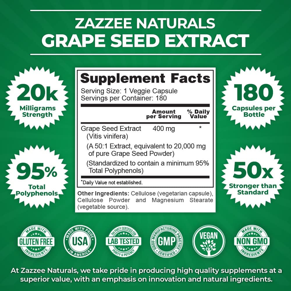 Zazzee Grape Seed Extract 20,000 mg Strength, 180 Vegan Capsules