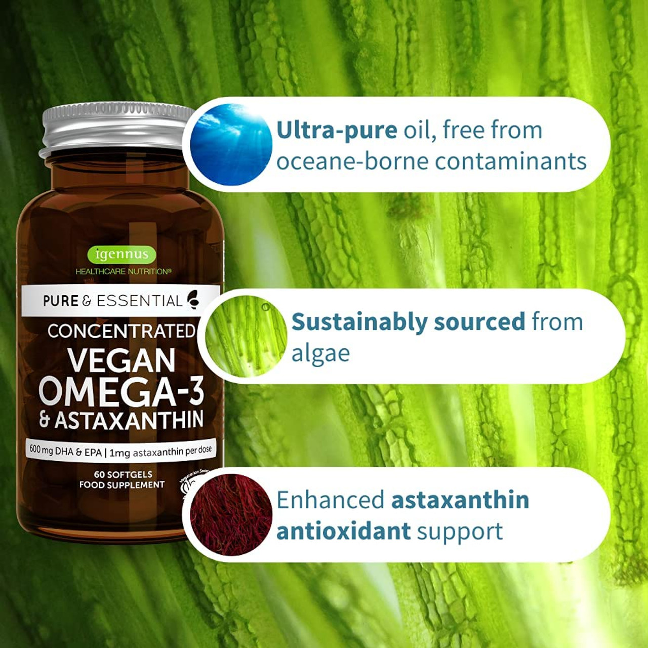 Vegan DHA - Omega 3 Oil from Algae with 800mg Pure DHA - NATURELO