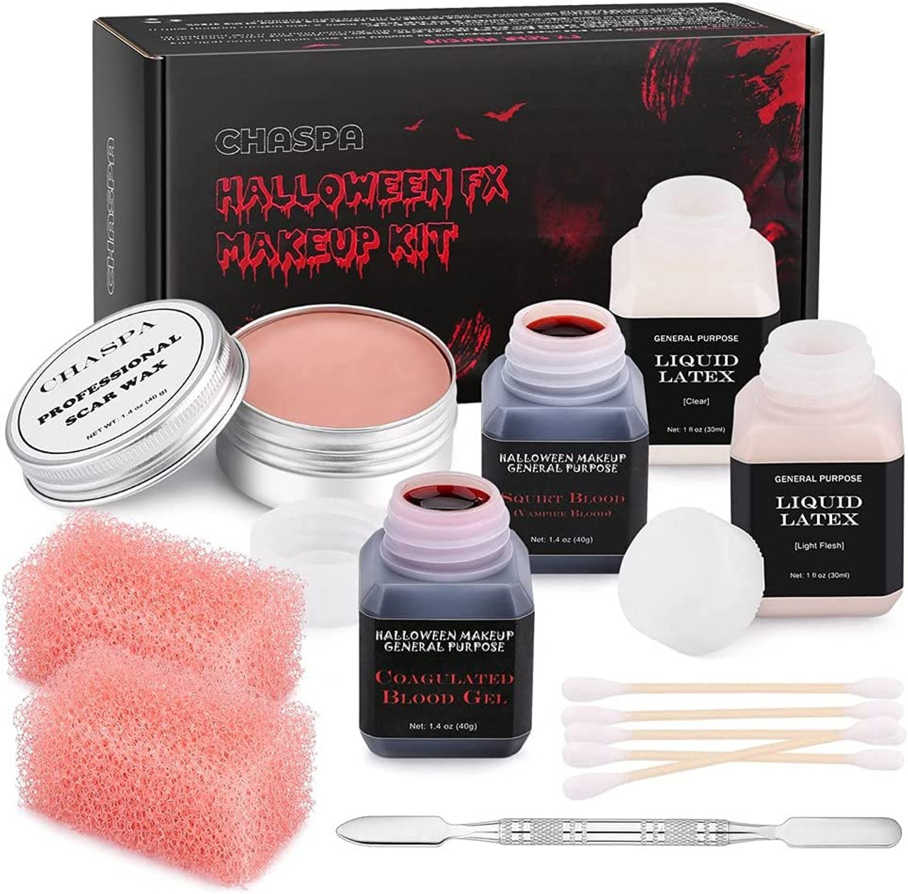 CHASPA Halloween Liquid Latex Special Effects SFX makeup kit for Fake Scar  Wound Makeup - Scar Wax + 2 Btl Fake Blood + 2 Btl Liquid Latex + Spatula  Tool + 2Pcs Stipple Sponge for Halloween Cosplay
