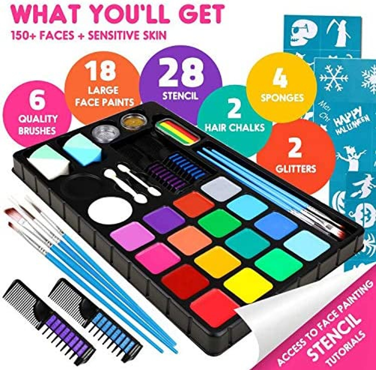 Face Painting Kit for Kids, 15 Colors Non-Toxic Water Based Face Paint  Kits, Brushes Sponges Glitters Gem Sheet Stencils Hair Chalk Halloween  Makeup