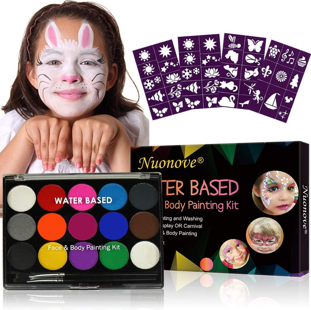 Face Painting Kit for Kids Halloween Face Paint Kits 18 Colors, 28  Stencils, Split Cake, 2 Hair Chalks 6 Brushes 2 Glitter 4 Sponges Body  Paints Set