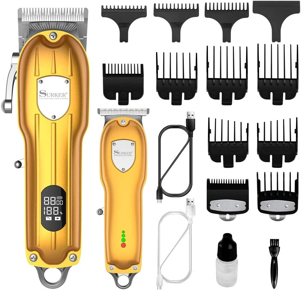 Professional Hair Clippers for Men, Hair Cutting Kit & Zero Gap T-Blade Trimmer Combo, Cordless Barber Clipper Set with LED Display Silver