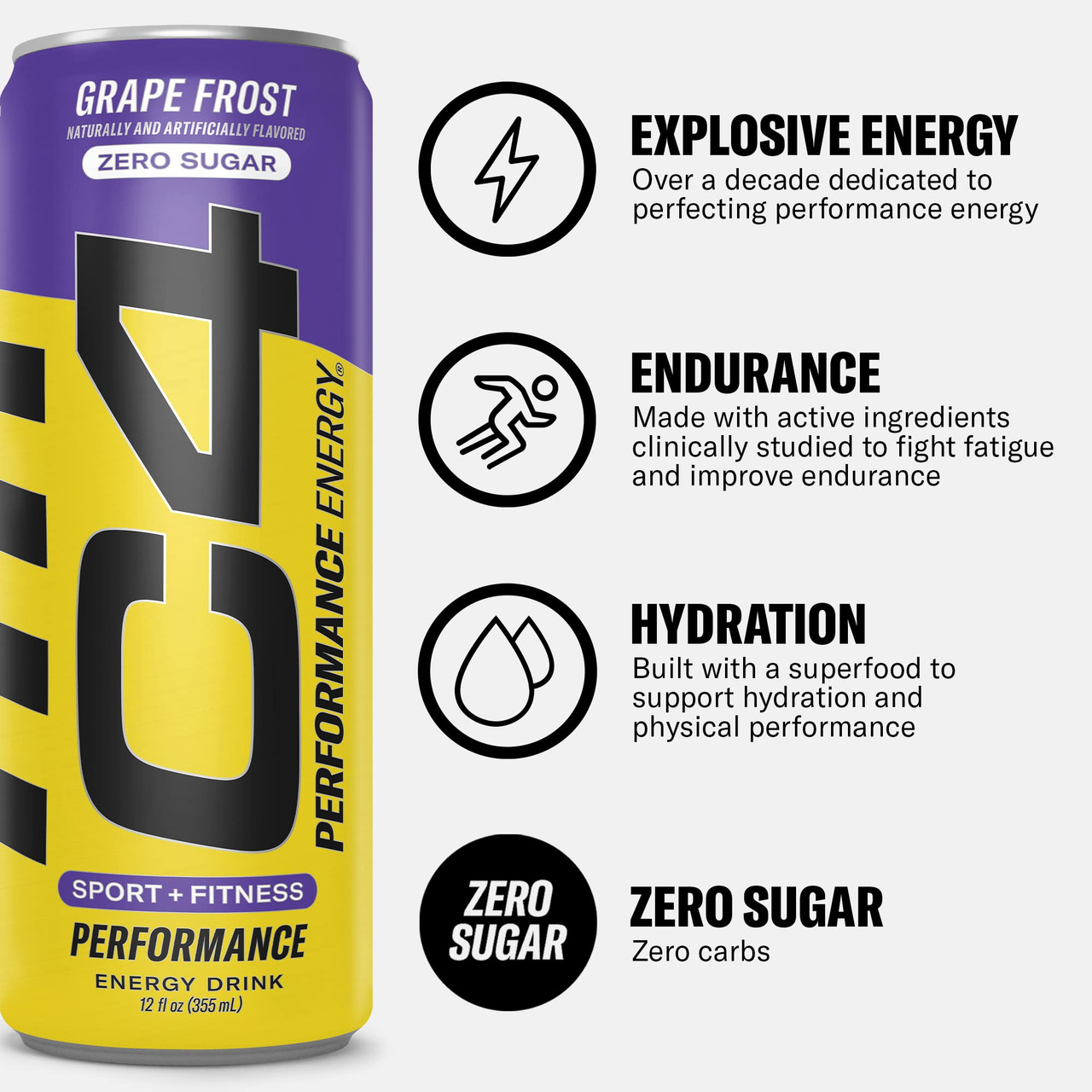 C4 Energy Carbonated Zero Sugar Energy Drink, Pre Workout Drink + Beta  Alanine, Purple Frost, 16 Fl Oz (Pack of 12) 