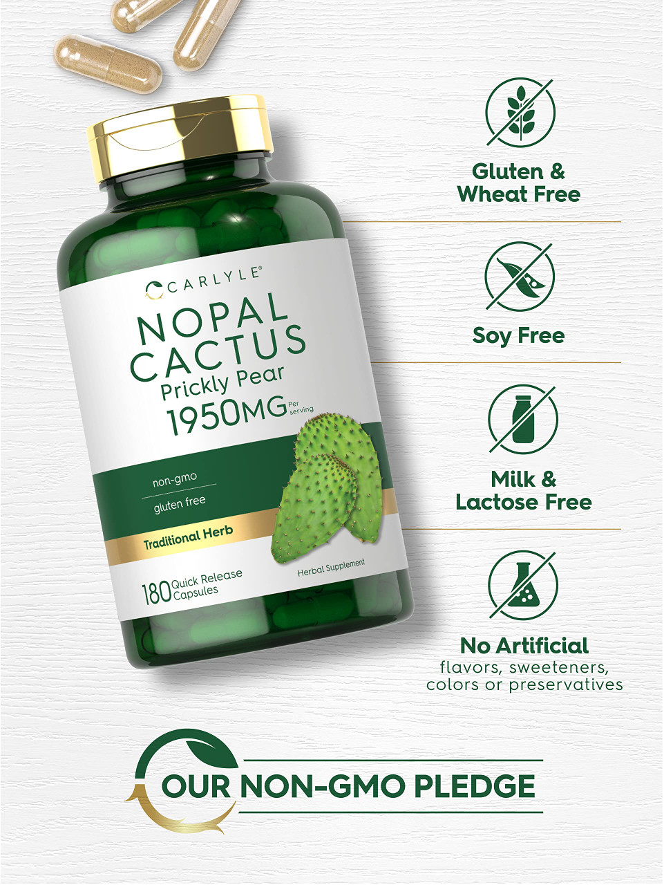 Nopal Cactus 1950 Mg | 180 Capsules | Prickly Pear | Non-Gmo, Gluten Free |
