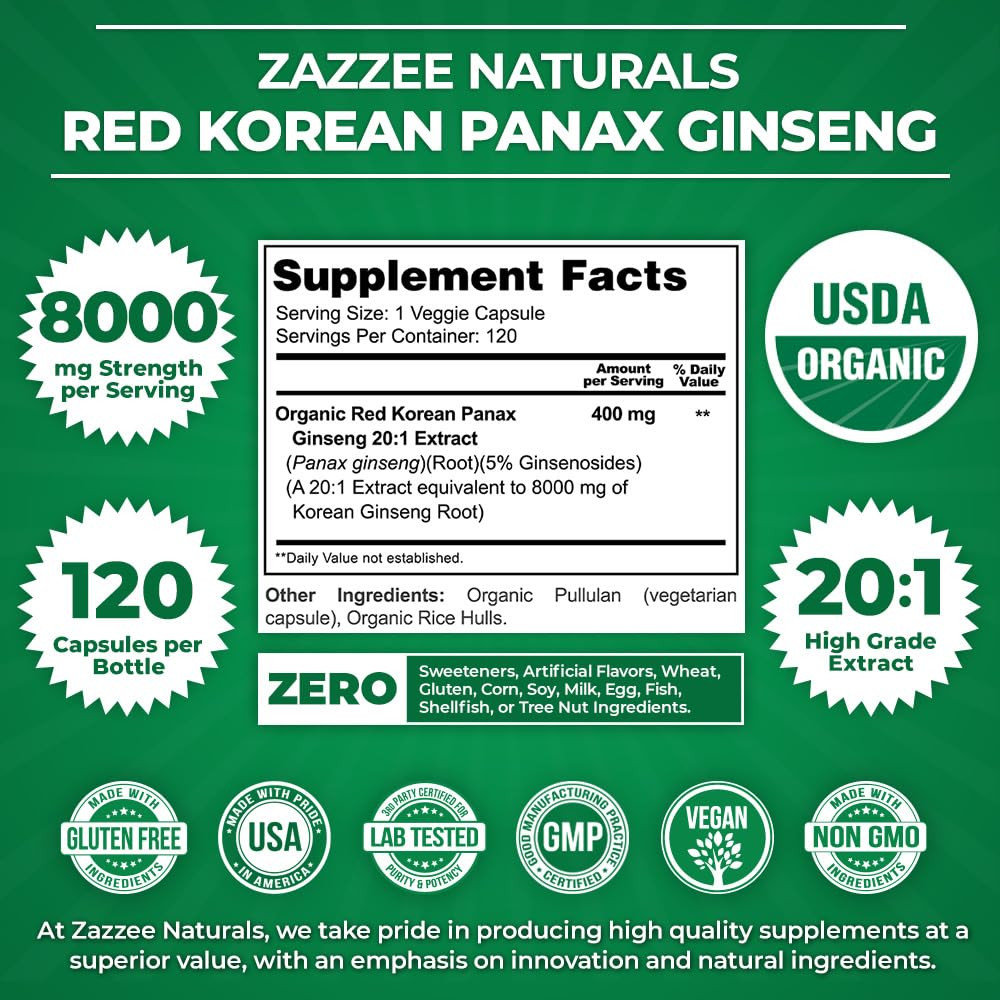 Zazzee Usda Organic Red Korean Panax Ginseng 20:1 Extra | Buy at